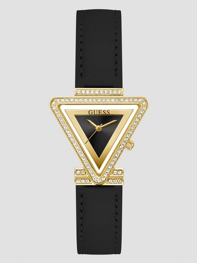 Gold-tone Triangle And Black Leather Analog Watch