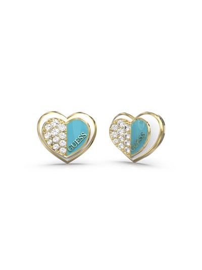 Lovely GUESS 16mm Turquoise Double Heart Studs Gold